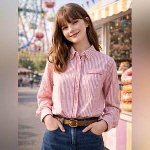 👚 K.C. Parker Pink & White Striped Cotton Button-Up Shirt Girls 12- 14 NWT